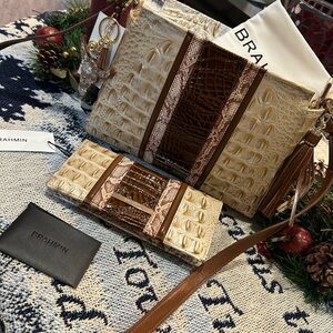 NWT 2-PIECE Brahmin Contour Ambrose Tan and Brown Croc Embossed Crossbody Bag